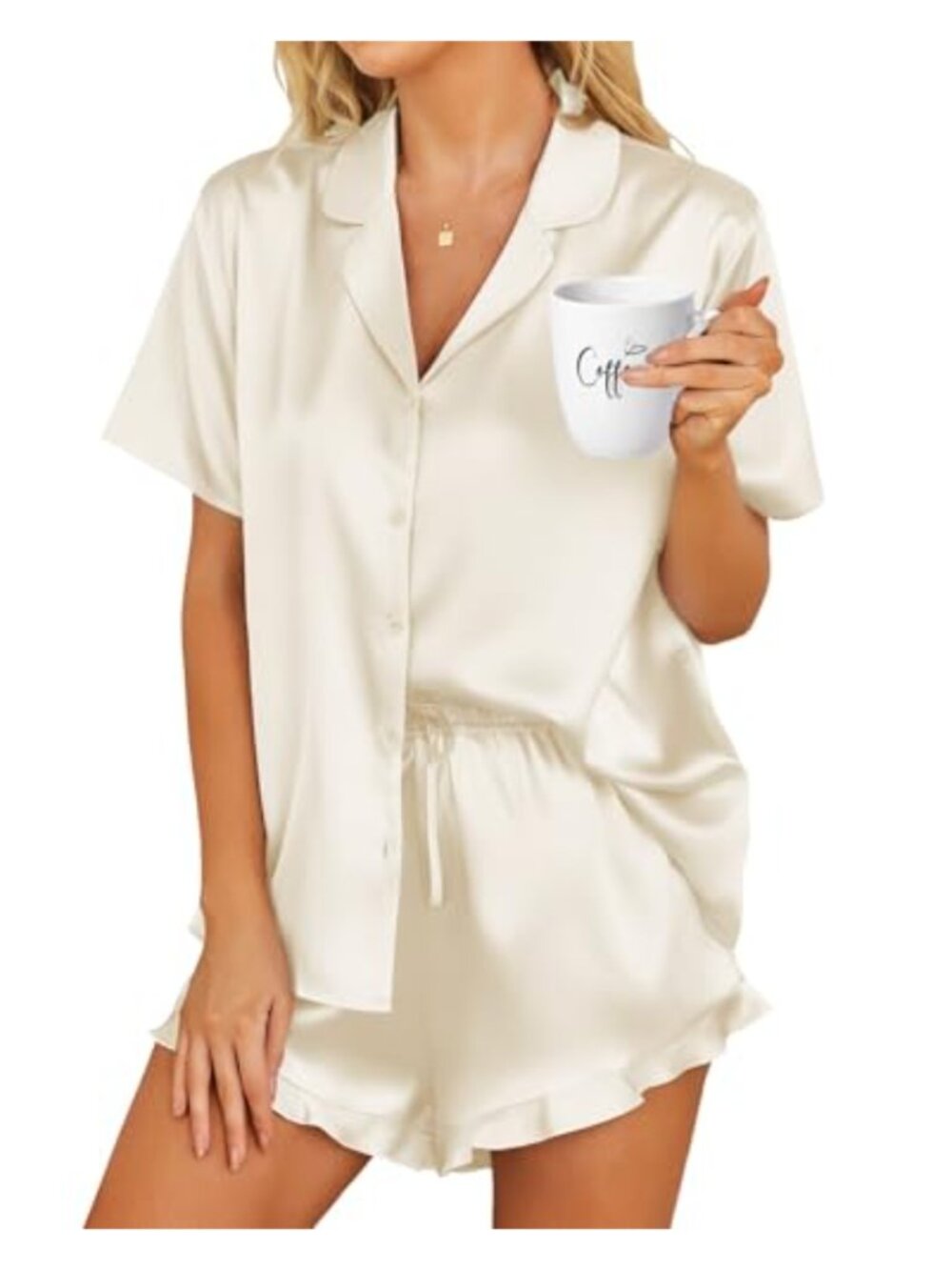 Satin Pajama Set Button Down 2 Piece Silk Pjs Shorts Sleepwear